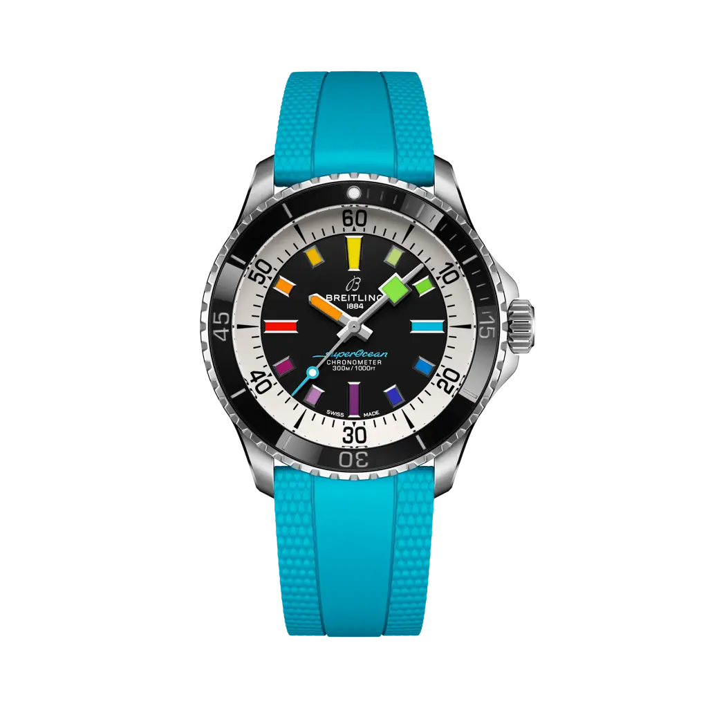 Breitling Superocean Automatic 42 mm Black And White Dial Stainless Steel Rubber Turquoise  Strap A17375211B2S1 - WATCHXNYC