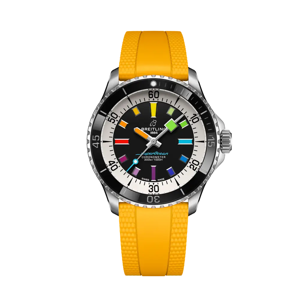 Breitling Superocean Automatic 42 mm Black And White Dial Stainless Steel Rubber Yellow  Strap A17375211B2S4 - WATCHXNYC