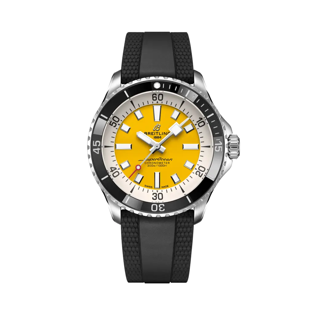 Breitling Superocean Automatic 42 mm White And Yellow Dial Stainless Steel Rubber Black Strap A17375211I1S1 - WATCHXNYC