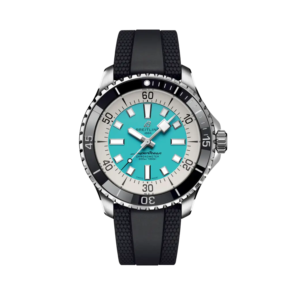 Breitling Superocean Automatic 44 mm White And Sky Blue Dial Stainless Steel Rubber Black Strap A17376211L2S1 - WATCHXNYC
