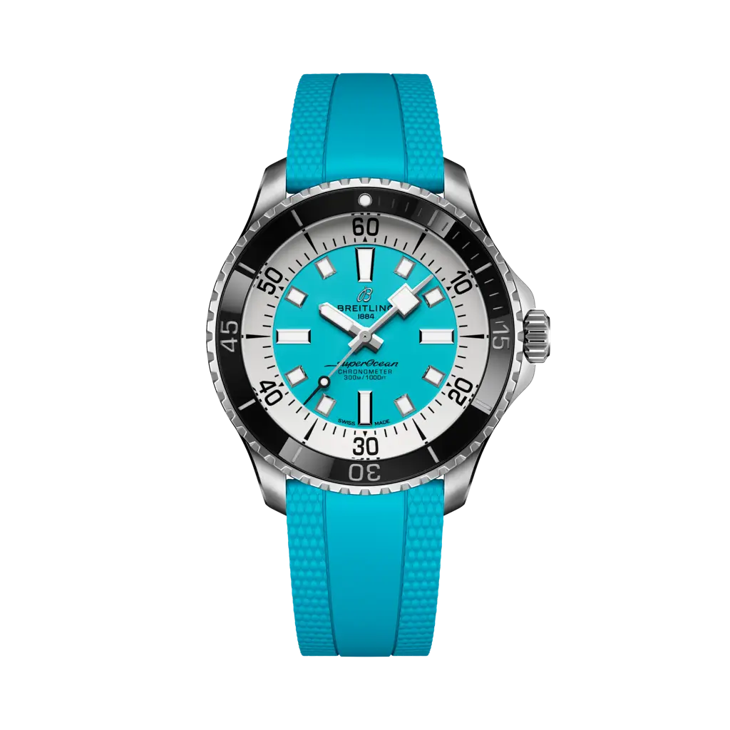 Breitling Superocean Automatic 44 mm White And Sky Blue Dial Stainless Steel Rubber Turquoise  Strap A17376211L2S2 - WATCHXNYC