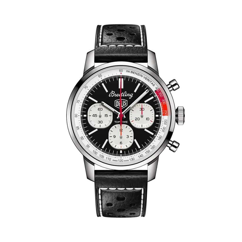 Breitling Top Time B01 Deus 41 mm Black And White Dial Stainless Steel   Leather Black Strap AB01765A1B1X1 - WATCHXNYC