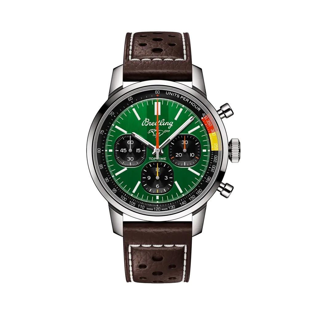 Breitling Top Time B01 Ford Mustang 41 mm Black And Green Dial Stainless Steel   Leather Brown Strap AB01762A1L1X1 - WATCHXNYC