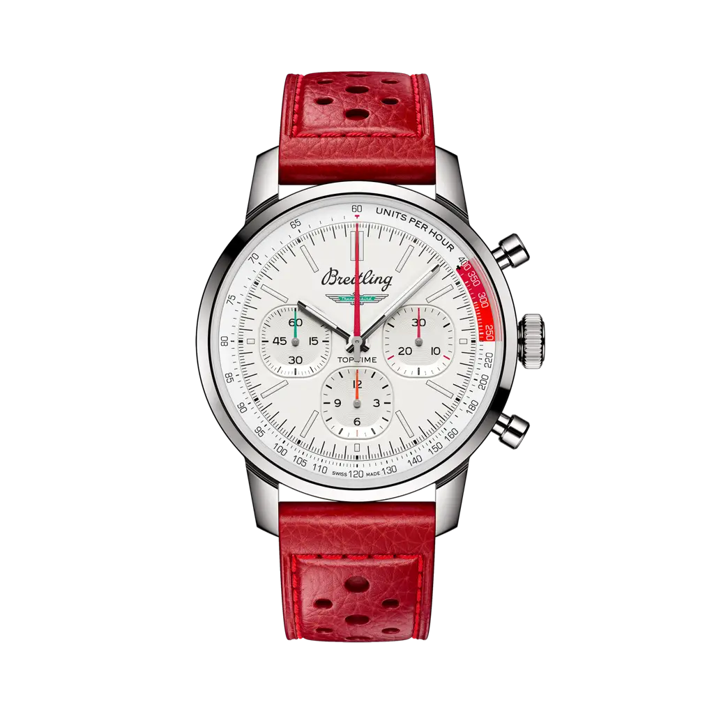 Breitling Top Time B01 Ford Thunderbird 41 mm  White Dial Stainless Steel   Leather Red Strap AB01766A1A1X1 - WATCHXNYC