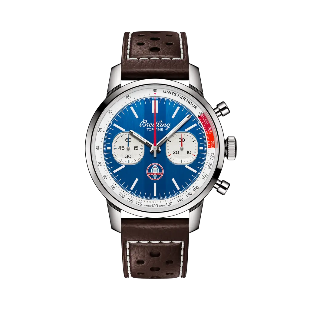 Breitling Top Time B01 Shelby Cobra 41 mm  White And Blue Dial Stainless Steel   Leather Brown Strap AB01763A1C1X1 - WATCHXNYC