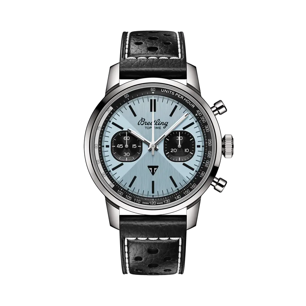 Breitling Top Time B01 Triumph 41 mm Black And Ice Blue Dial Stainless Steel   Leather Black Strap AB01764A1C1X1 - WATCHXNYC