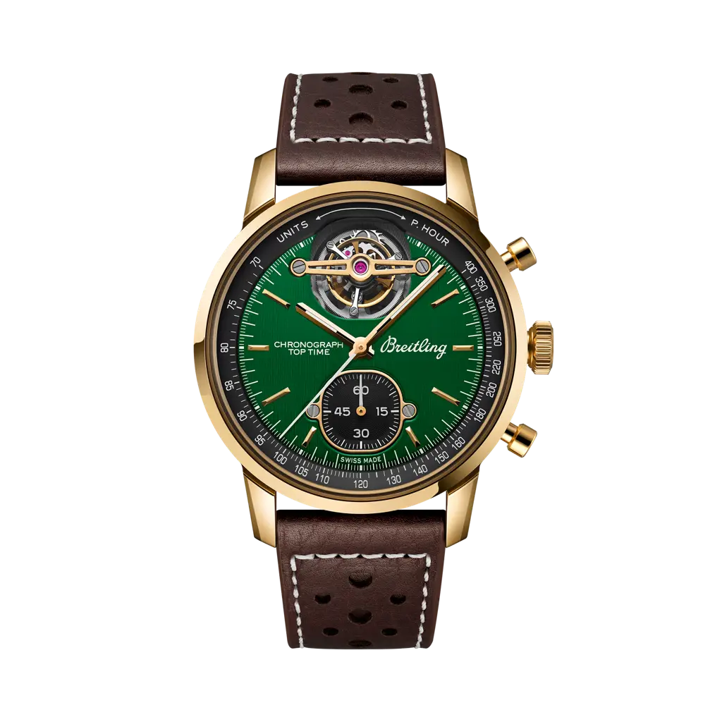 Breitling Top Time B21 Ford Mustang 43 mm Black And Green Dial Bronze Leather Brown Strap NB21251A1L1X1 - WATCHXNYC