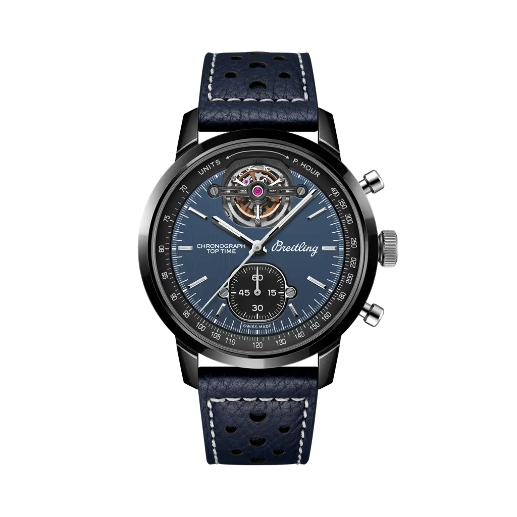 Breitling Top Time B21 Shelby Cobra 44 mm Blue Dial Ceramic   Leather Blue Strap SB21251A1C1X1 - WATCHXNYC