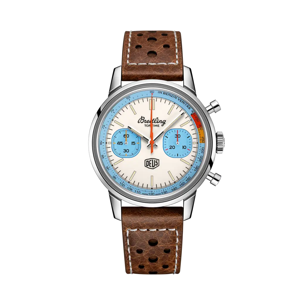 Breitling Top Time Deus 41 mm White And Sky Blue Dial Stainless Steel   Leather Brown Strap A233112A1A1X1 - WATCHXNYC