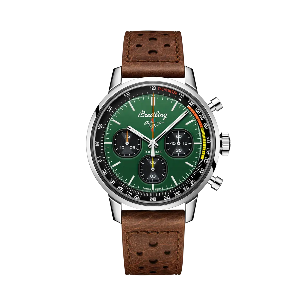 Breitling Top Time Ford Mustang 42 mm Black And Green Dial Stainless Steel   Leather Brown Strap A253101A1L1X1 - WATCHXNYC