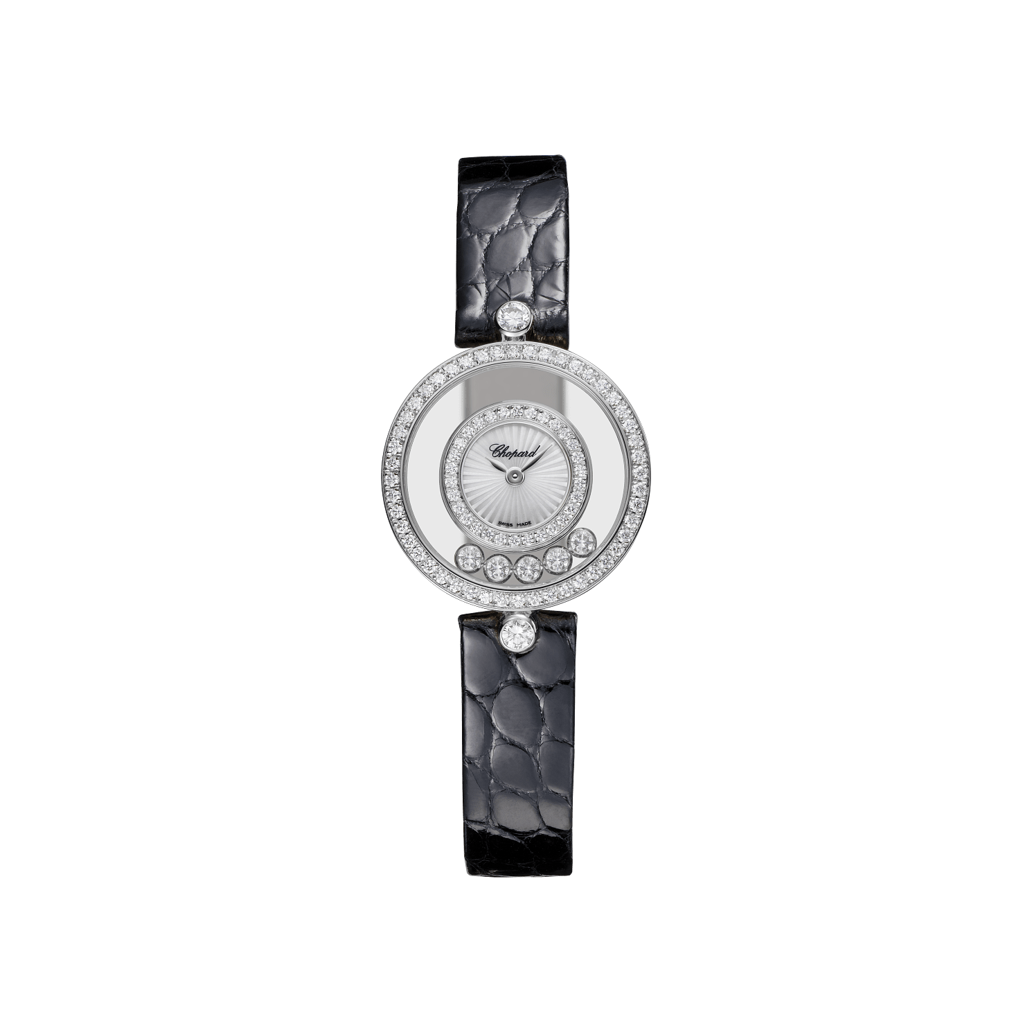 Chopard Happy Diamonds Icons 25.8 mm Guilloché Mother-Of-Pearl Dial with Diamonds 18K White Gold   Leather Strap 203957-1214 - WATCHXNYC