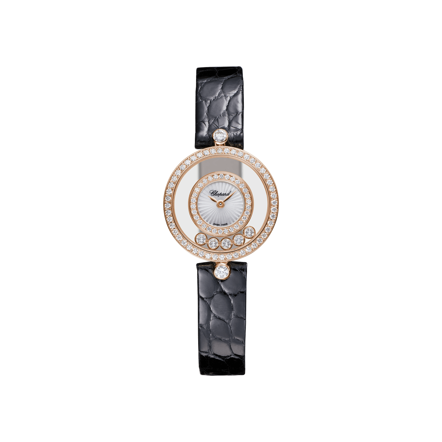 Chopard Happy Diamonds Icons 26 mm Guilloché Mother-Of-Pearl Dial with Diamonds 18k Rose Gold   Leather Strap 203957-5214 - WATCHXNYC