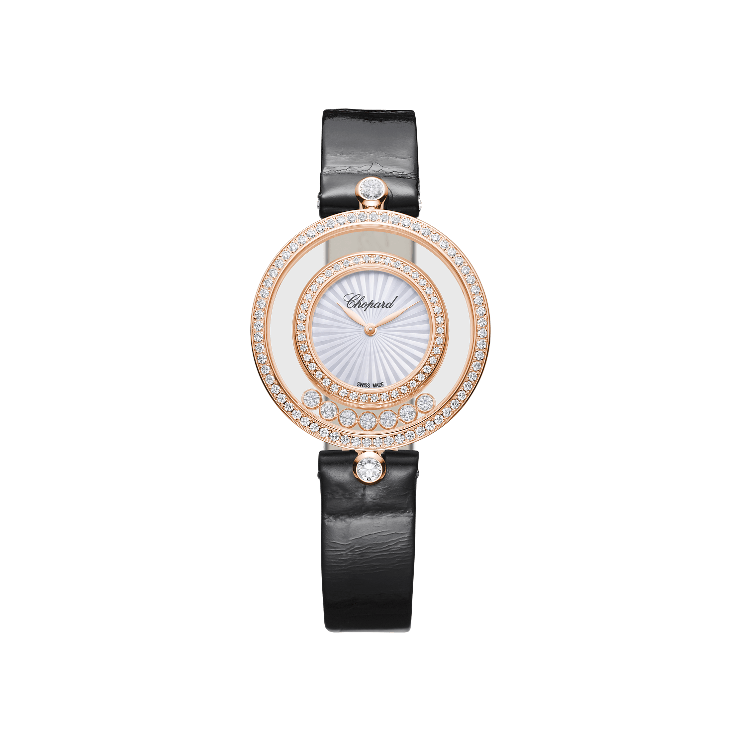 Chopard Happy Diamonds Icons 32 mm Guilloché Mother-Of-Pearl Dial with Diamonds 18k Rose Gold   Leather Strap 209426-5201 - WATCHXNYC