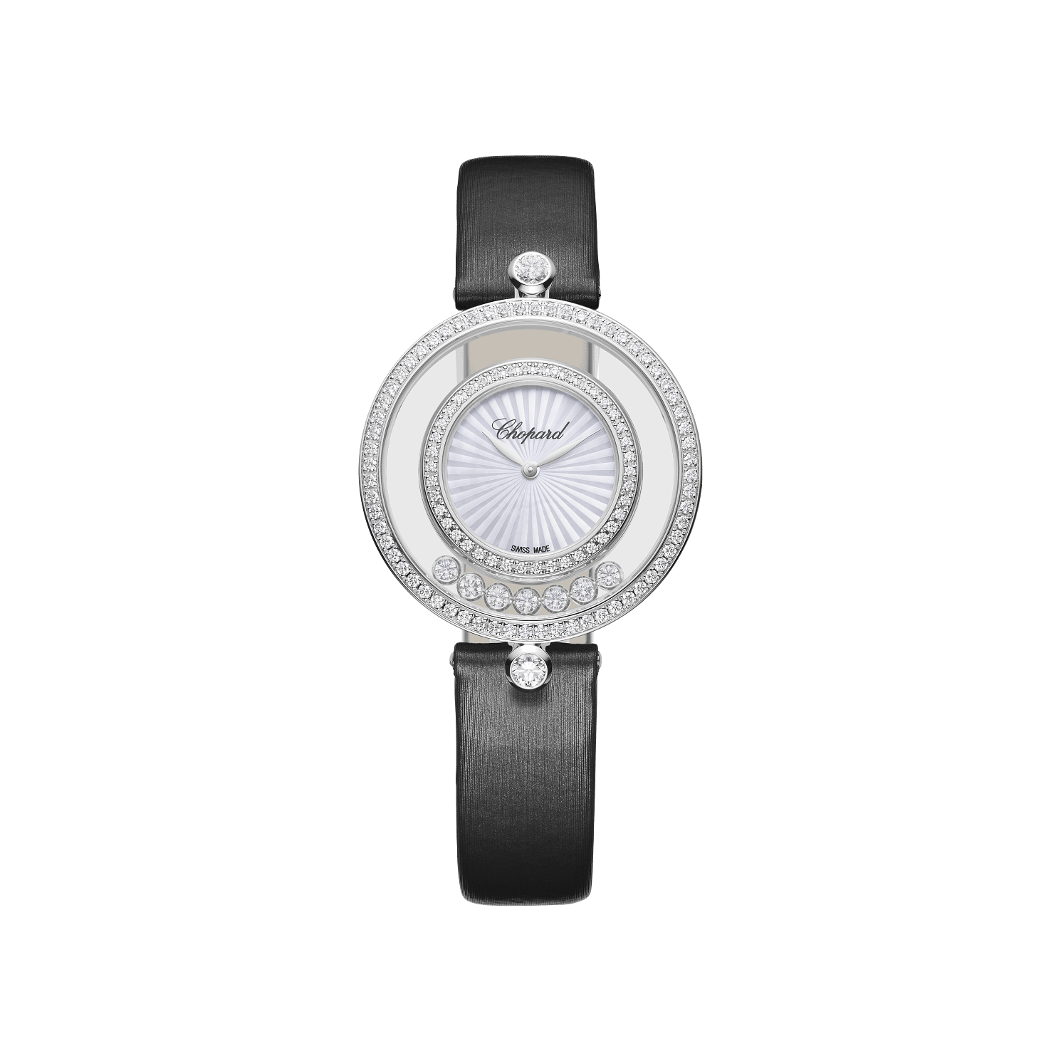 Chopard Happy Diamonds Icons 32 mm Guilloché Mother-Of-Pearl Dial with Diamonds 18K White Gold   Leather Strap 209426-1201 - WATCHXNYC