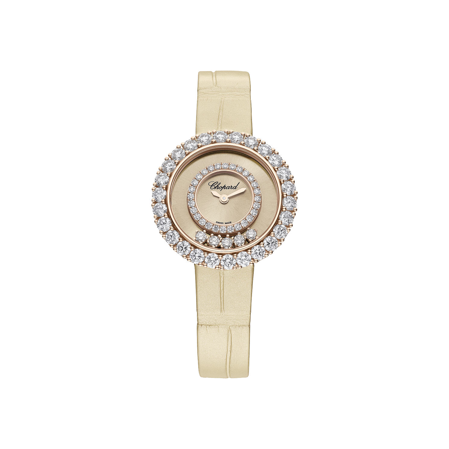 Chopard Happy Diamonds Joaillerie 29 mm Beige Dial with Diamonds 18k Rose Gold   Leather Strap 205369-5002 - WATCHXNYC