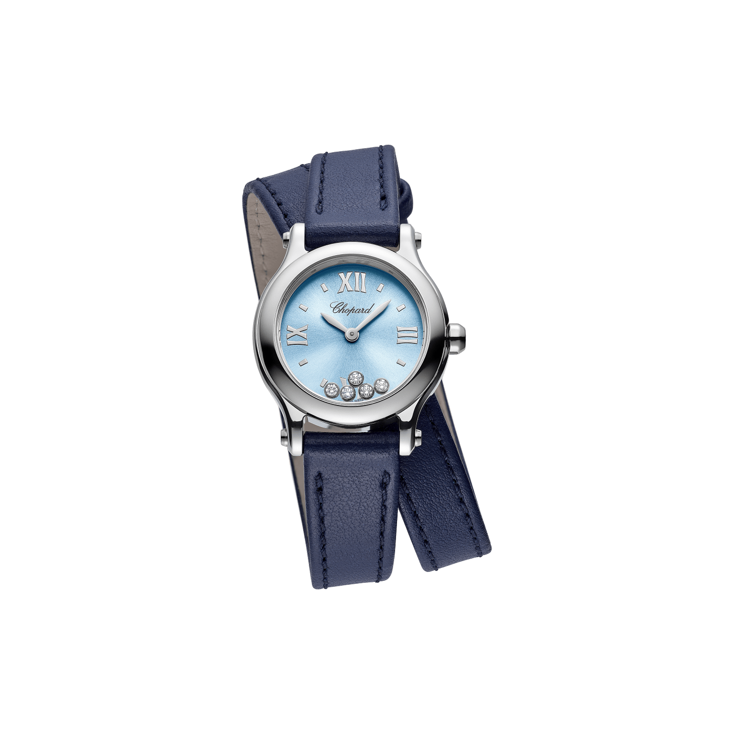 Chopard Happy Sport 25 mm Blue Dial with Diamonds Stainless Steel   Leather Strap 278620-3003 - WATCHXNYC