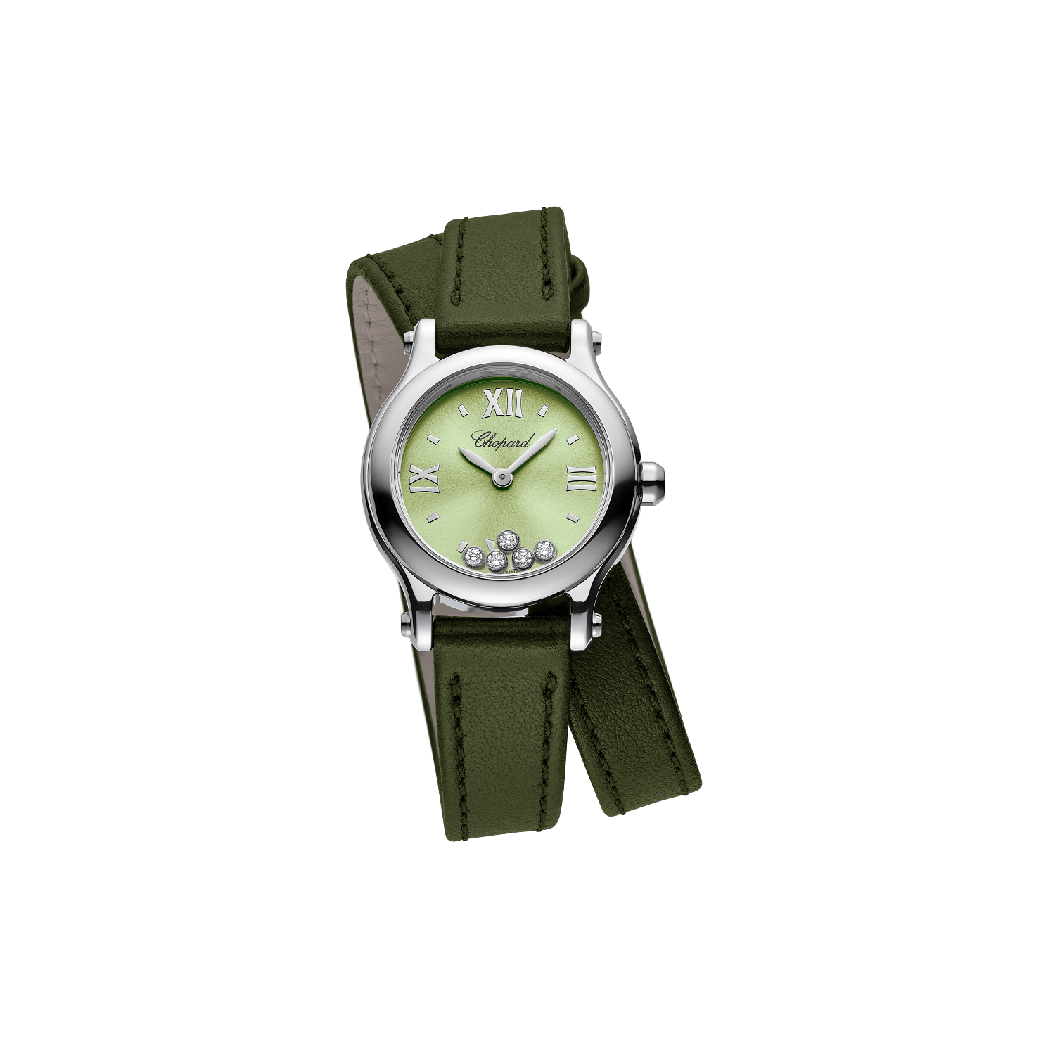 Chopard Happy Sport 25 mm Green Dial with Diamonds Stainless Steel   Leather Strap 278620-3005 - WATCHXNYC