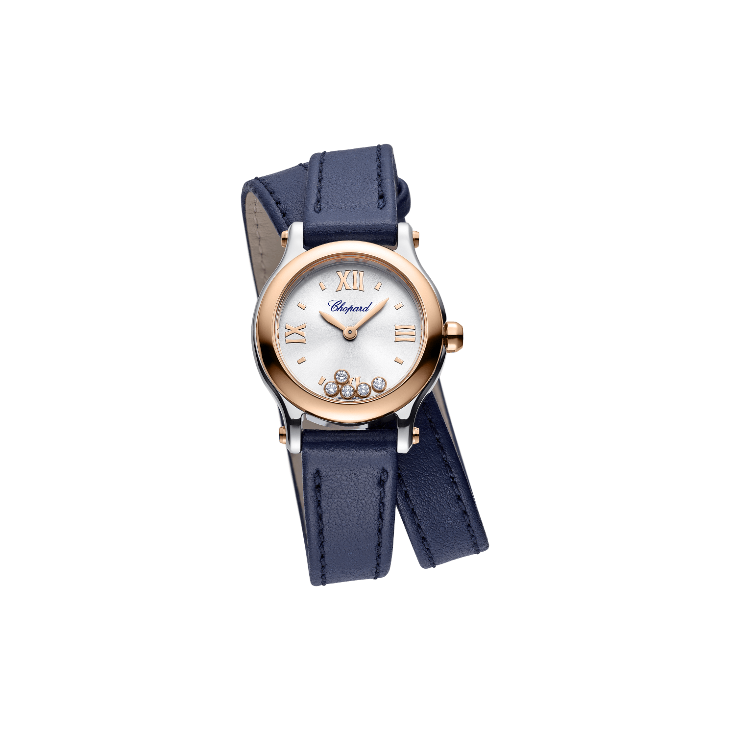 Chopard Happy Sport 25 mm Silver Dial with Diamonds 18K Rose Gold And Stainless Steel   Leather Strap 278620-6001 - WATCHXNYC