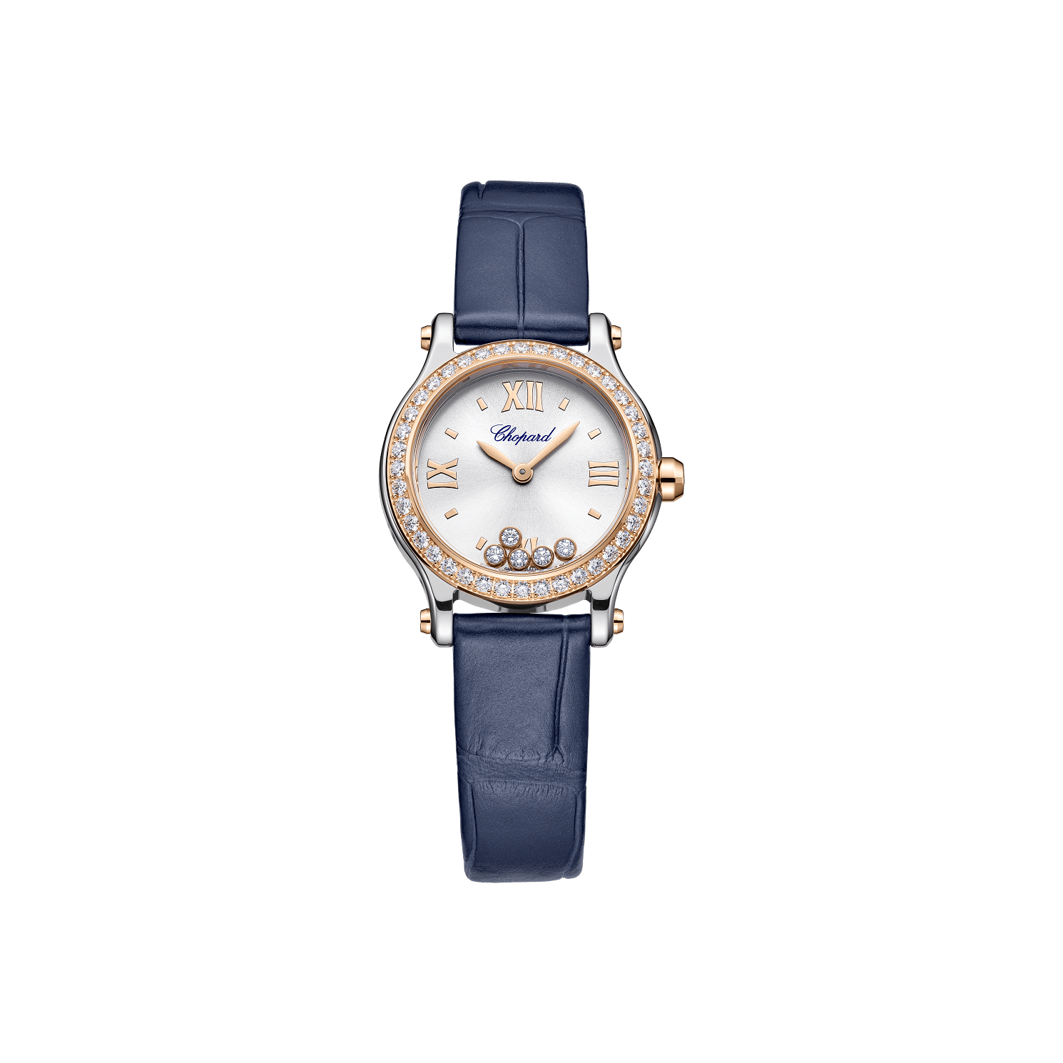 Chopard Happy Sport 25 mm Silver Dial with Diamonds 18K Rose Gold And Stainless Steel   Leather Strap 278620-6002 - WATCHXNYC