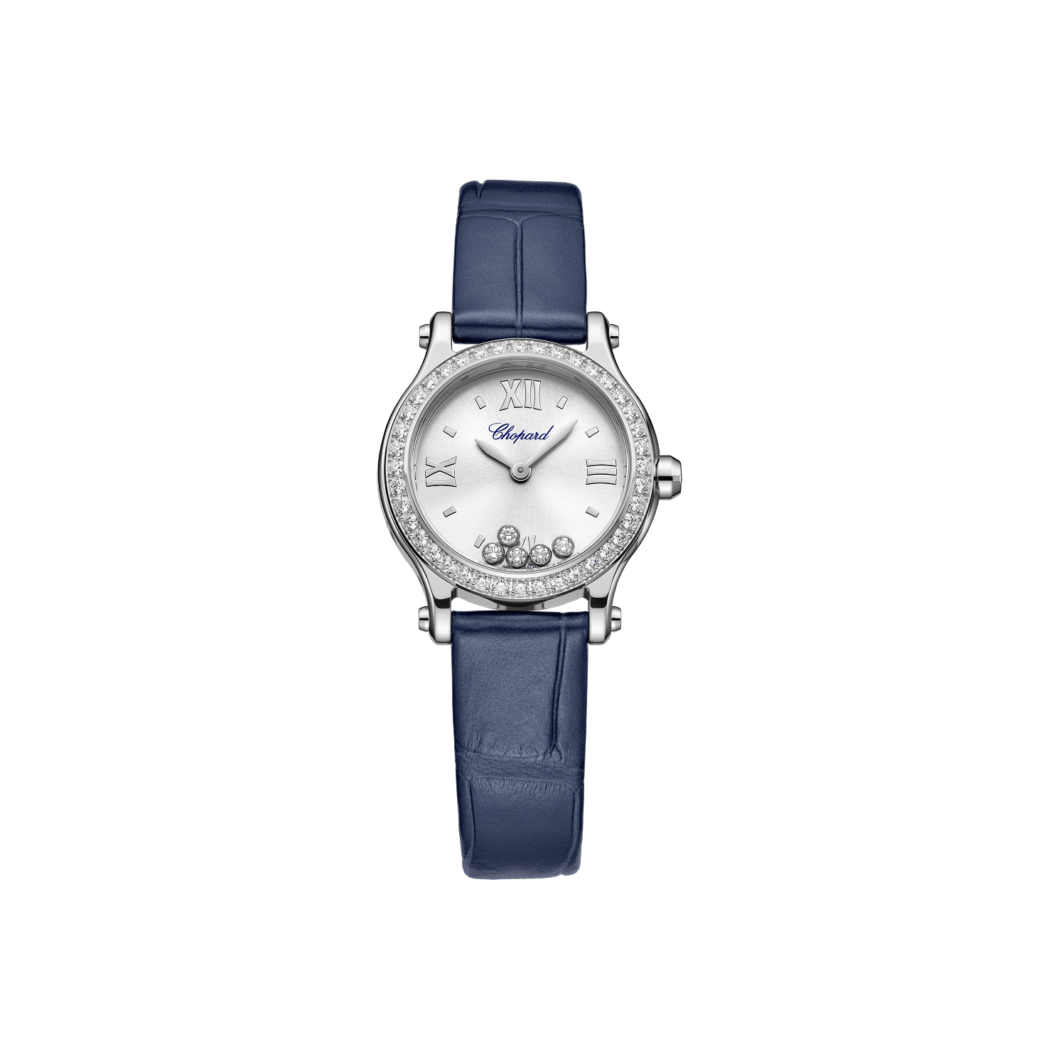 Chopard Happy Sport 25 mm Silver Dial with Diamonds Stainless Steel   Leather Strap 278620-3002 - WATCHXNYC