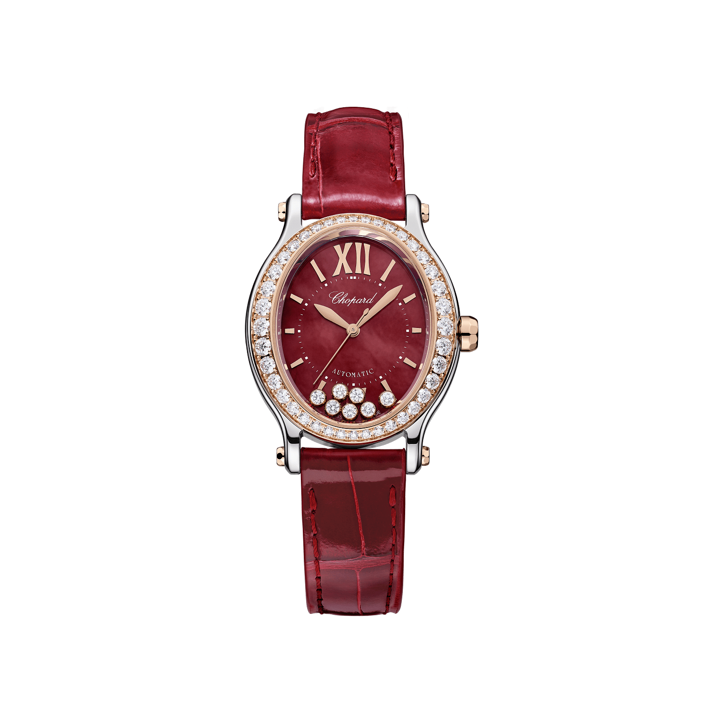 Chopard Happy Sport 29 x 31 mm Red Mother-Of-Pearl Dial with Diamonds 18K Rose Gold And Stainless Steel   Leather Strap 278602-6005 - WATCHXNYC