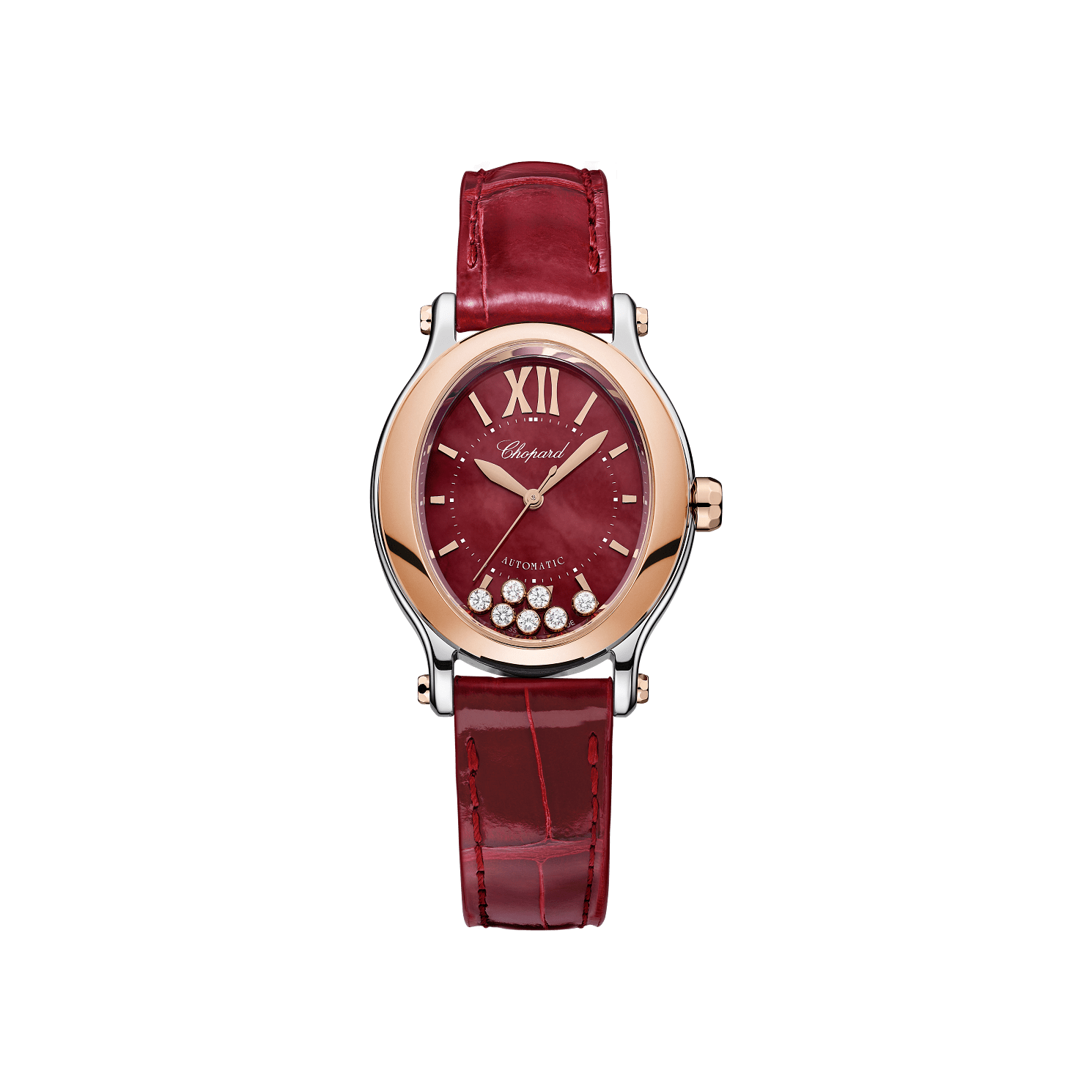 Chopard Happy Sport 29 x 31 mm Red Mother-Of-Pearl Dial with Diamonds 18K Rose Gold And Stainless Steel   Leather Strap 278602-6006 - WATCHXNYC
