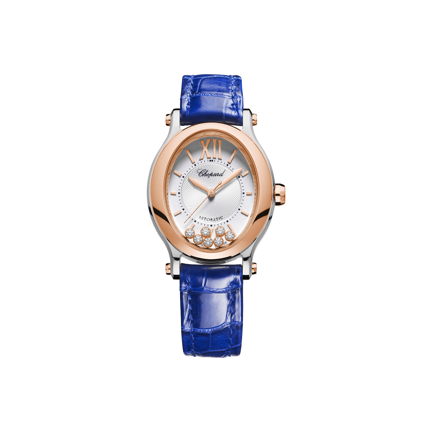 Chopard Happy Sport 29 x 31 mm Silver Dial with Diamonds 18K Rose Gold And Stainless Steel   Leather Strap 278602-6001 - WATCHXNYC