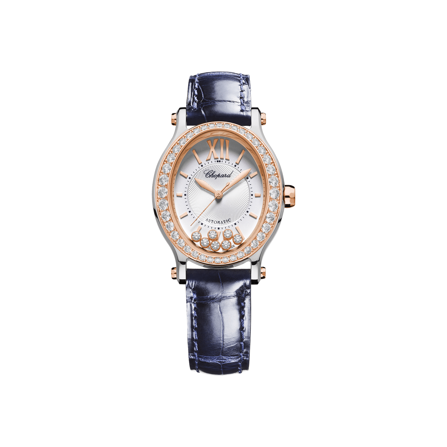 Chopard Happy Sport 29 x 31 mm Silver Dial with Diamonds 18K Rose Gold And Stainless Steel   Leather Strap 278602-6003 - WATCHXNYC