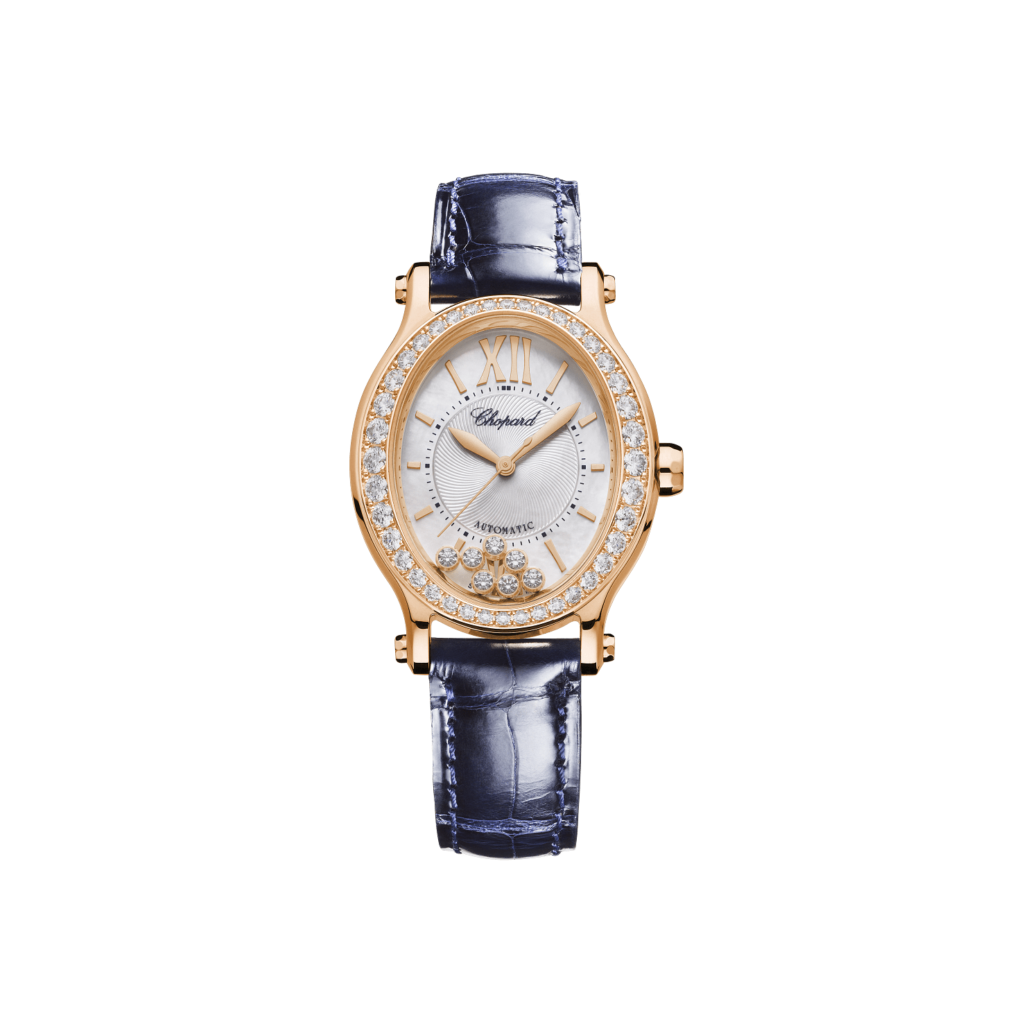 Chopard Happy Sport 29 x 31 mm Silver Dial with Diamonds 18k Rose Gold   Leather Strap 275362-5002 - WATCHXNYC