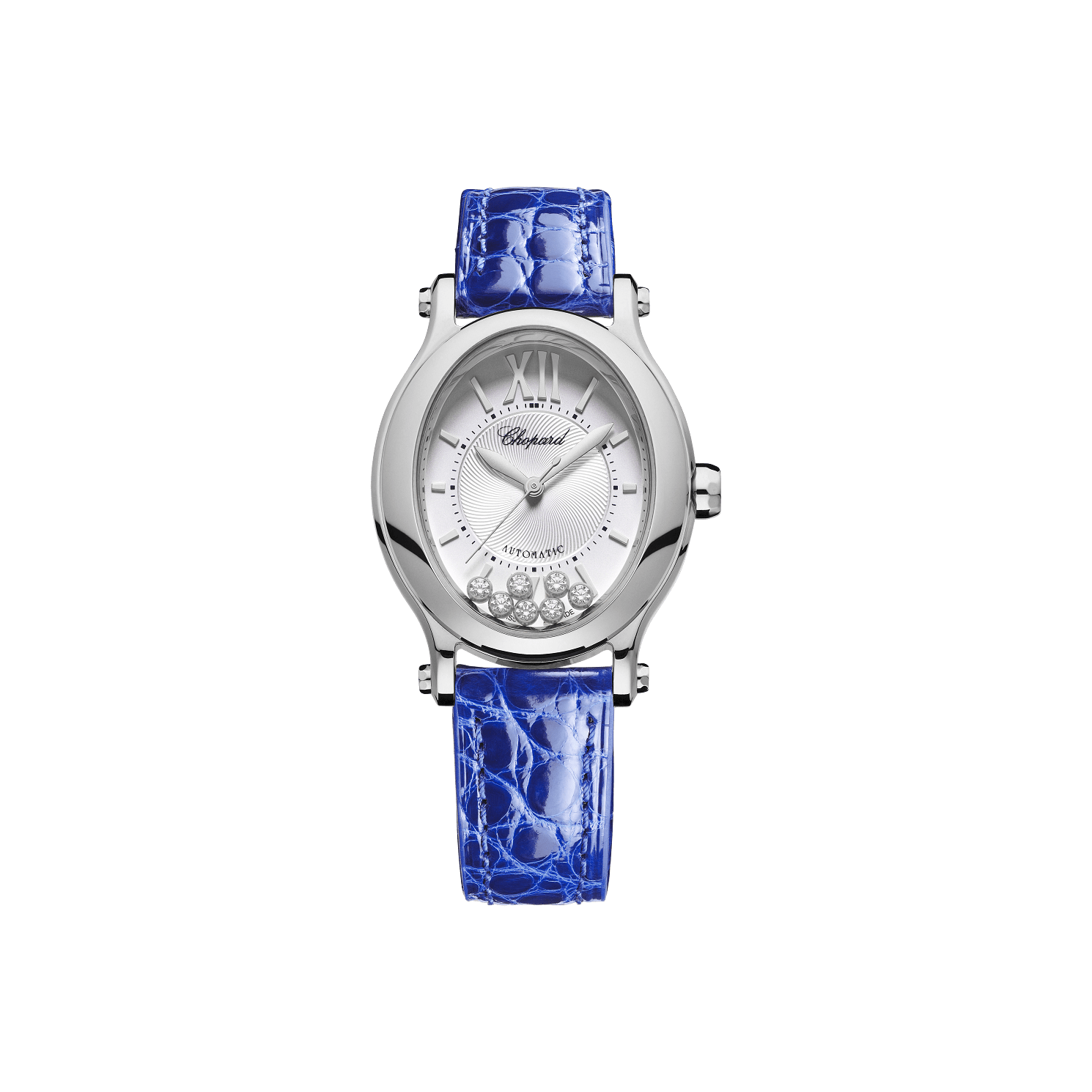 Chopard Happy Sport 29 x 31 mm Silver Dial with Diamonds Stainless Steel   Leather Strap 278602-3001 - WATCHXNYC