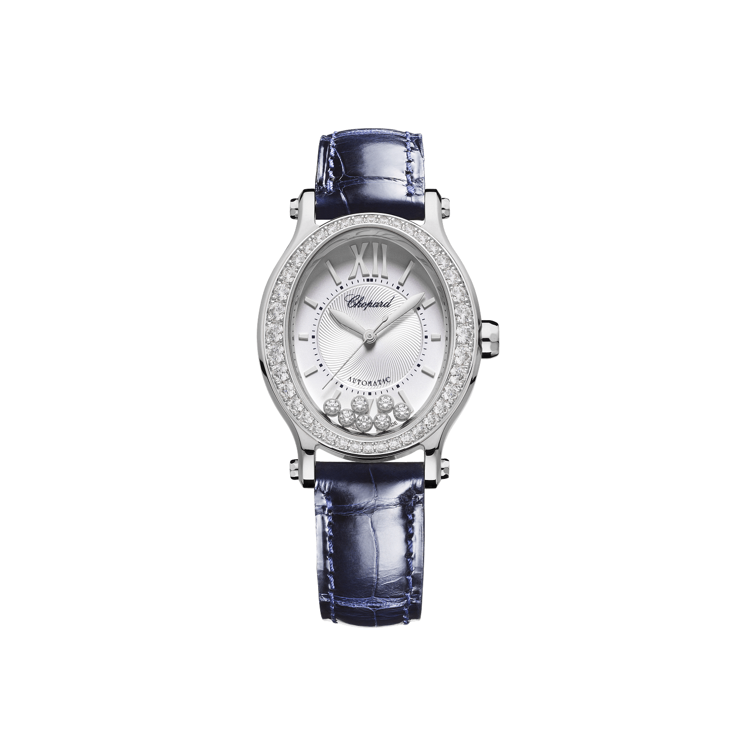 Chopard Happy Sport 29 x 31 mm Silver Dial with Diamonds Stainless Steel   Leather Strap 278602-3003 - WATCHXNYC