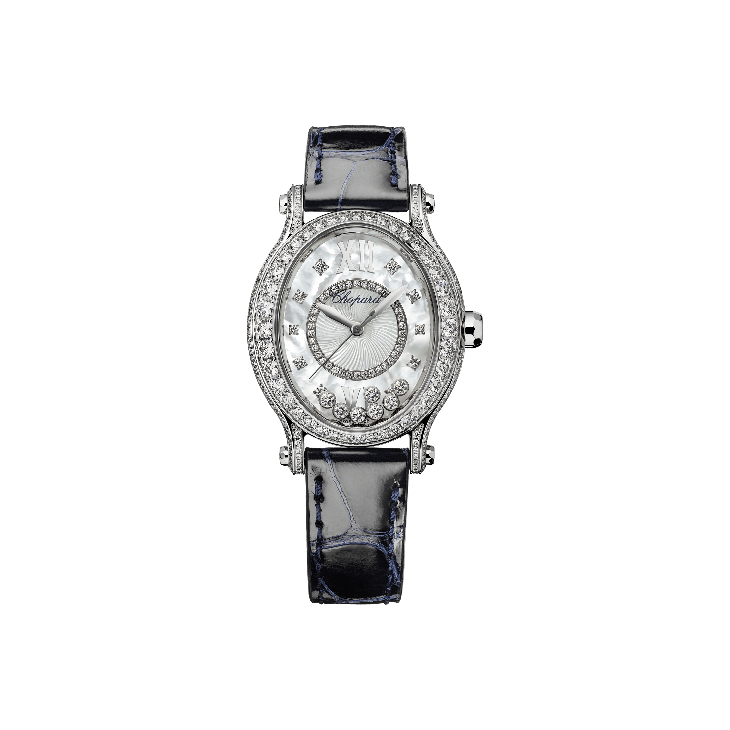 Chopard Happy Sport 29 x 31 mm White Mother-Of-Pearl Dial with Diamonds 18K White Gold   Leather Strap 10A386-5111 - WATCHXNYC