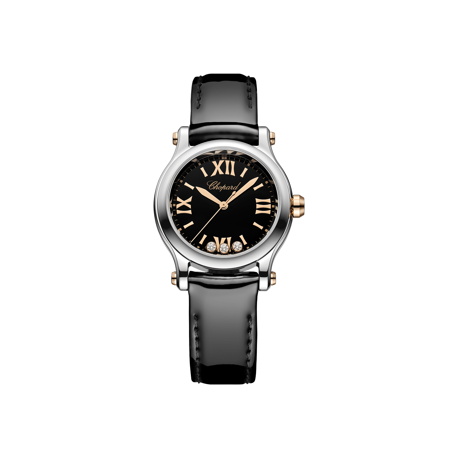 Chopard Happy Sport 30 mm Black Dial with Diamonds 18K Rose Gold And Stainless Steel   Leather Strap 278590-6015 - WATCHXNYC