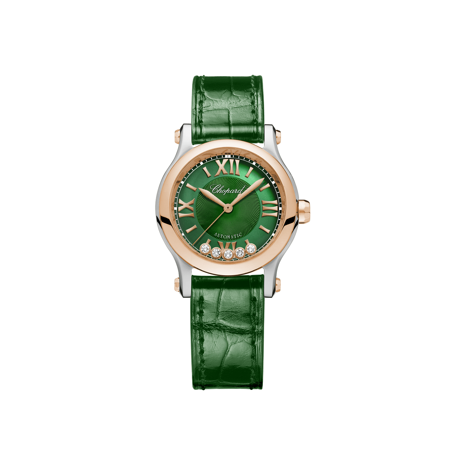 Chopard Happy Sport 30 mm Green Dial with Diamonds 18K Rose Gold And Stainless Steel   Leather Strap 278573-6032 - WATCHXNYC