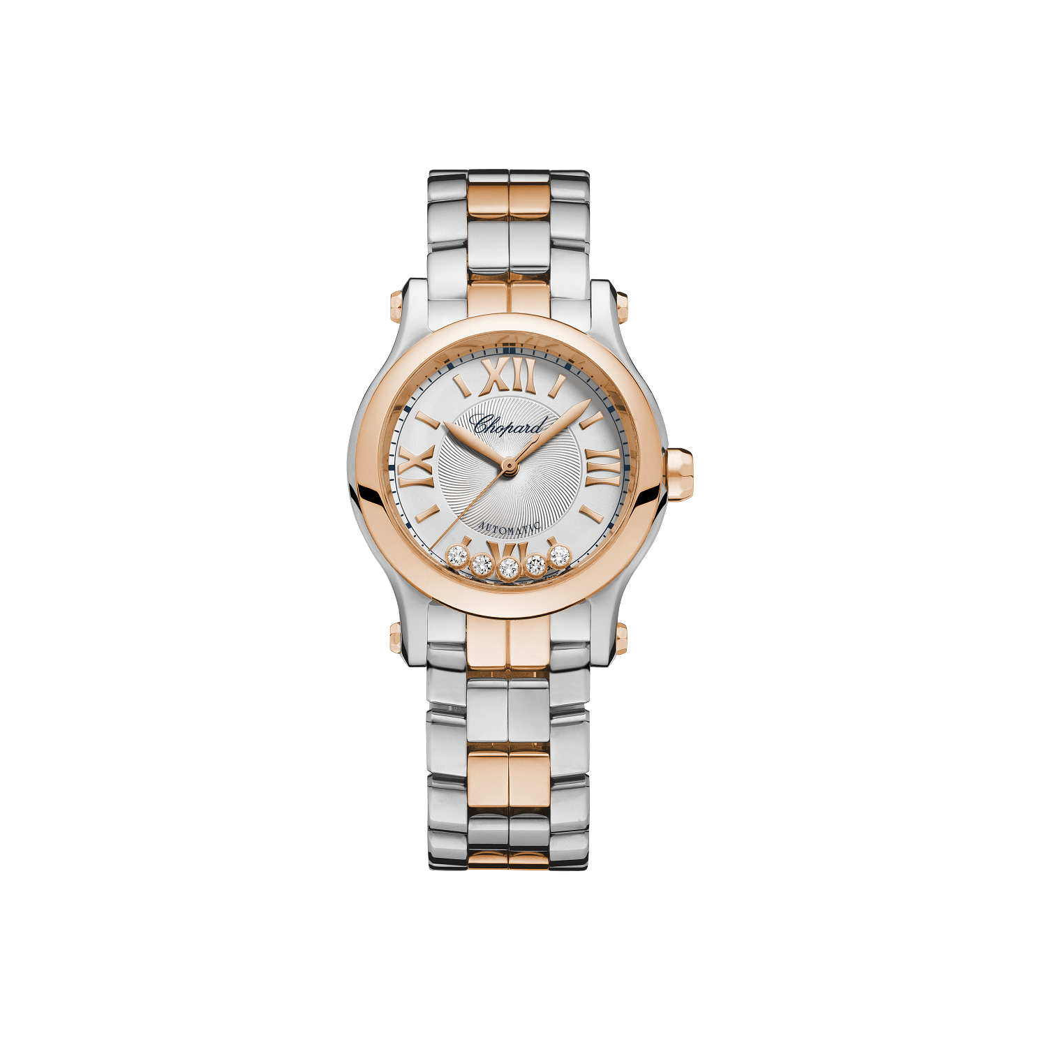 Chopard Happy Sport 30 mm Silver Dial with Diamonds 18K Rose Gold And Stainless Steel Bracelet 278573-6017 - WATCHXNYC