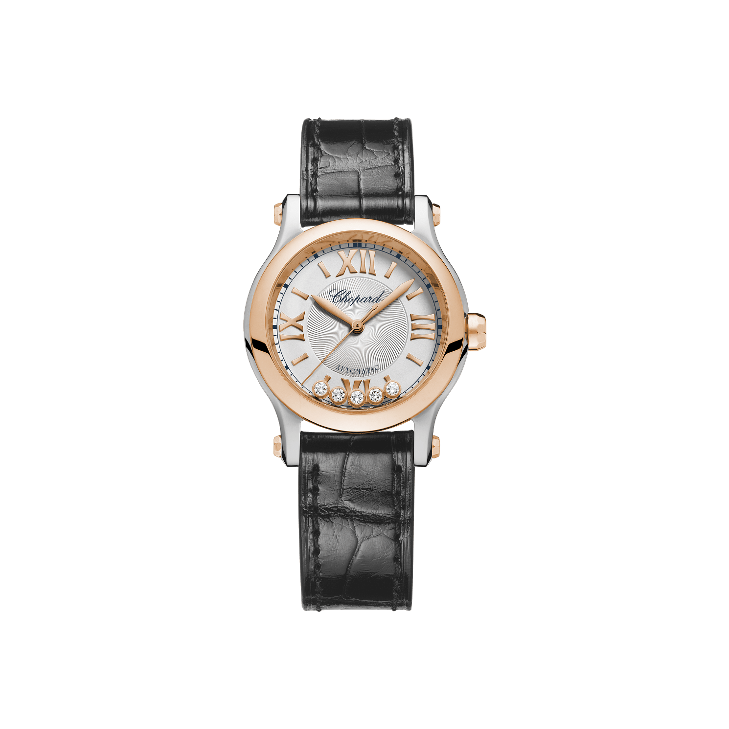 Chopard Happy Sport 30 mm Silver Dial with Diamonds 18K Rose Gold And Stainless Steel   Leather Strap 278573-6013 - WATCHXNYC