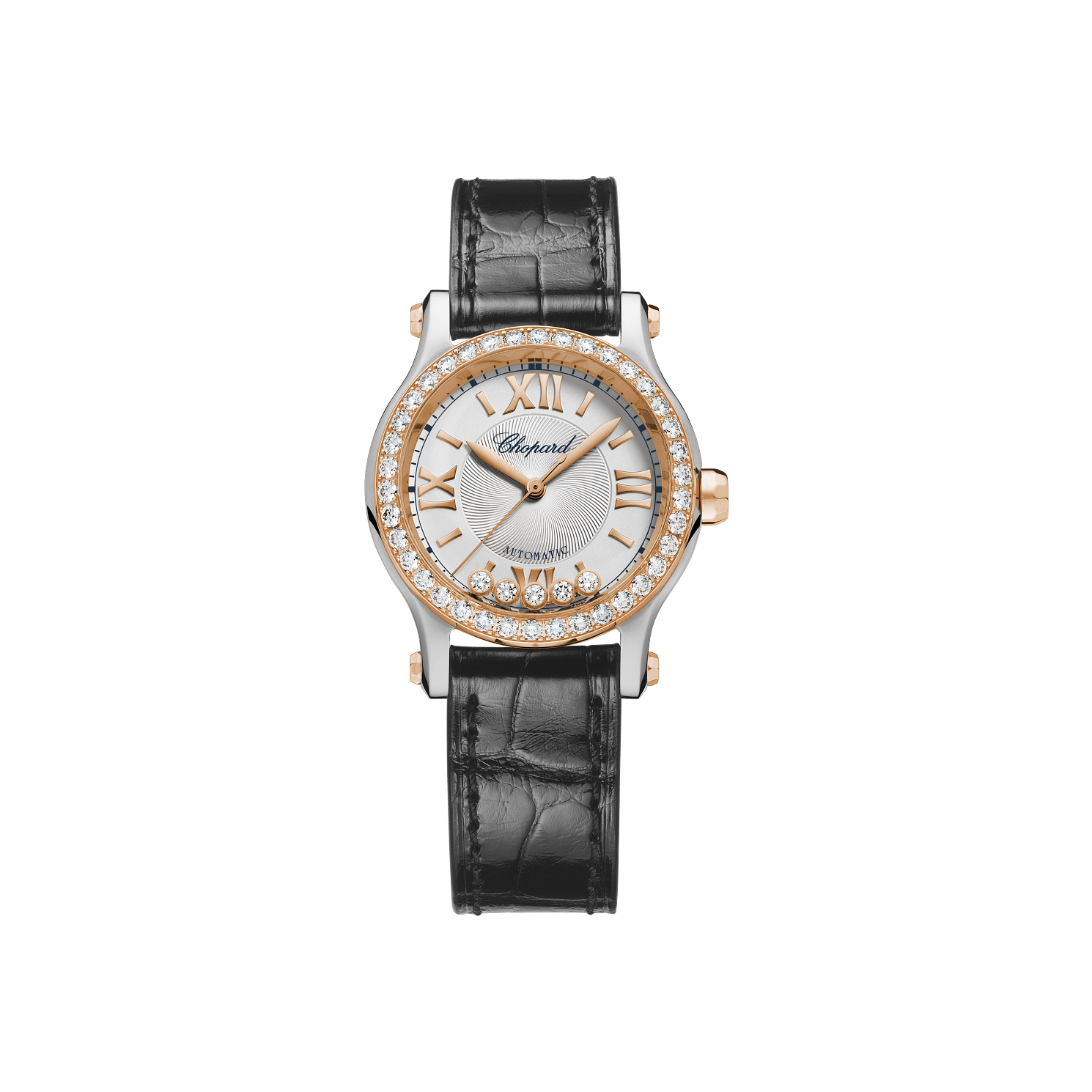 Chopard Happy Sport 30 mm Silver Dial with Diamonds 18K Rose Gold And Stainless Steel   Leather Strap 278573-6015 - WATCHXNYC