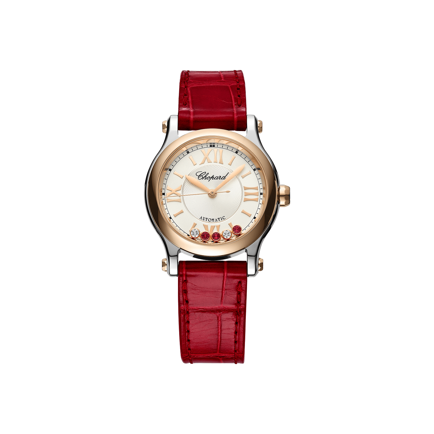 Chopard Happy Sport 30 mm Silver Dial with Diamonds 18K Rose Gold And Stainless Steel   Leather Strap 278573-6026 - WATCHXNYC
