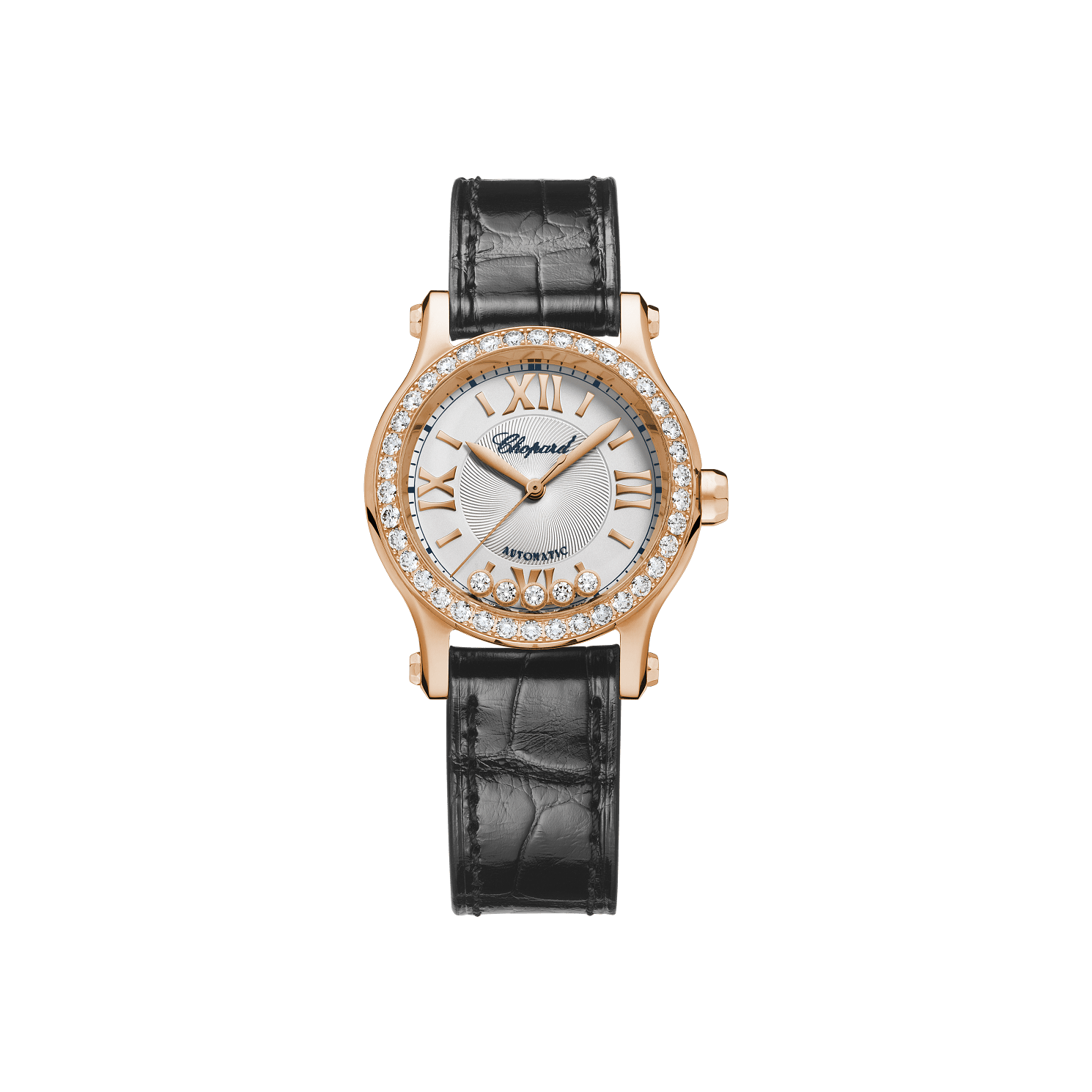 Chopard Happy Sport 30 mm Silver Dial with Diamonds 18k Rose Gold   Leather Strap 274893-5012 - WATCHXNYC