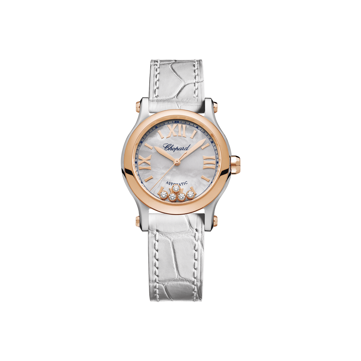 Chopard Happy Sport 30 mm White Mother-Of-Pearl Dial with Diamonds 18K Rose Gold And Stainless Steel   Leather Strap 278573-6018 - WATCHXNYC