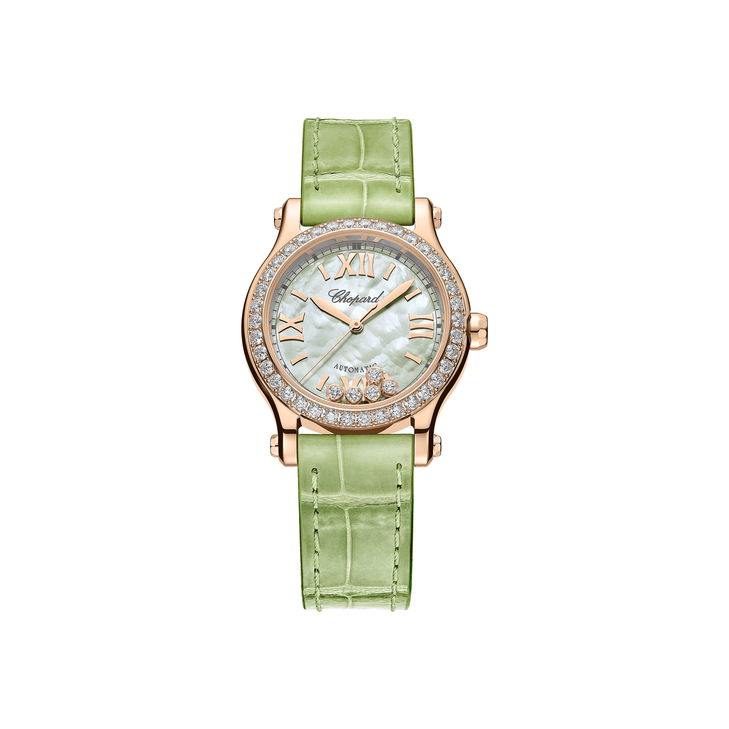 Chopard Happy Sport 30 mm White Mother-Of-Pearl Dial with Diamonds 18k Rose Gold   Leather Strap 274893-5016 - WATCHXNYC