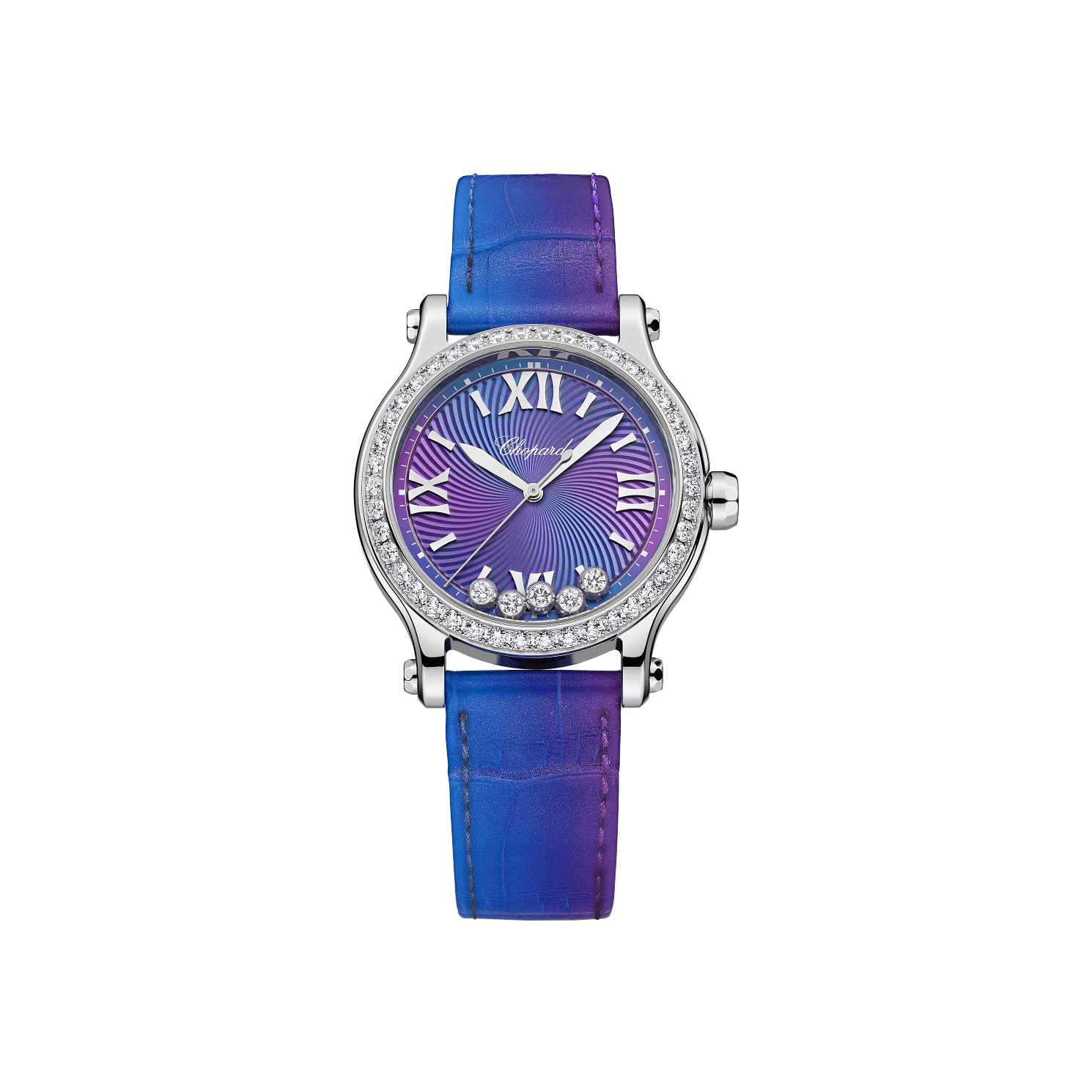 Chopard Happy Sport 33 mm Purple Night Dial with Diamonds Stainless Steel   Leather Strap 278608-3006 - WATCHXNYC