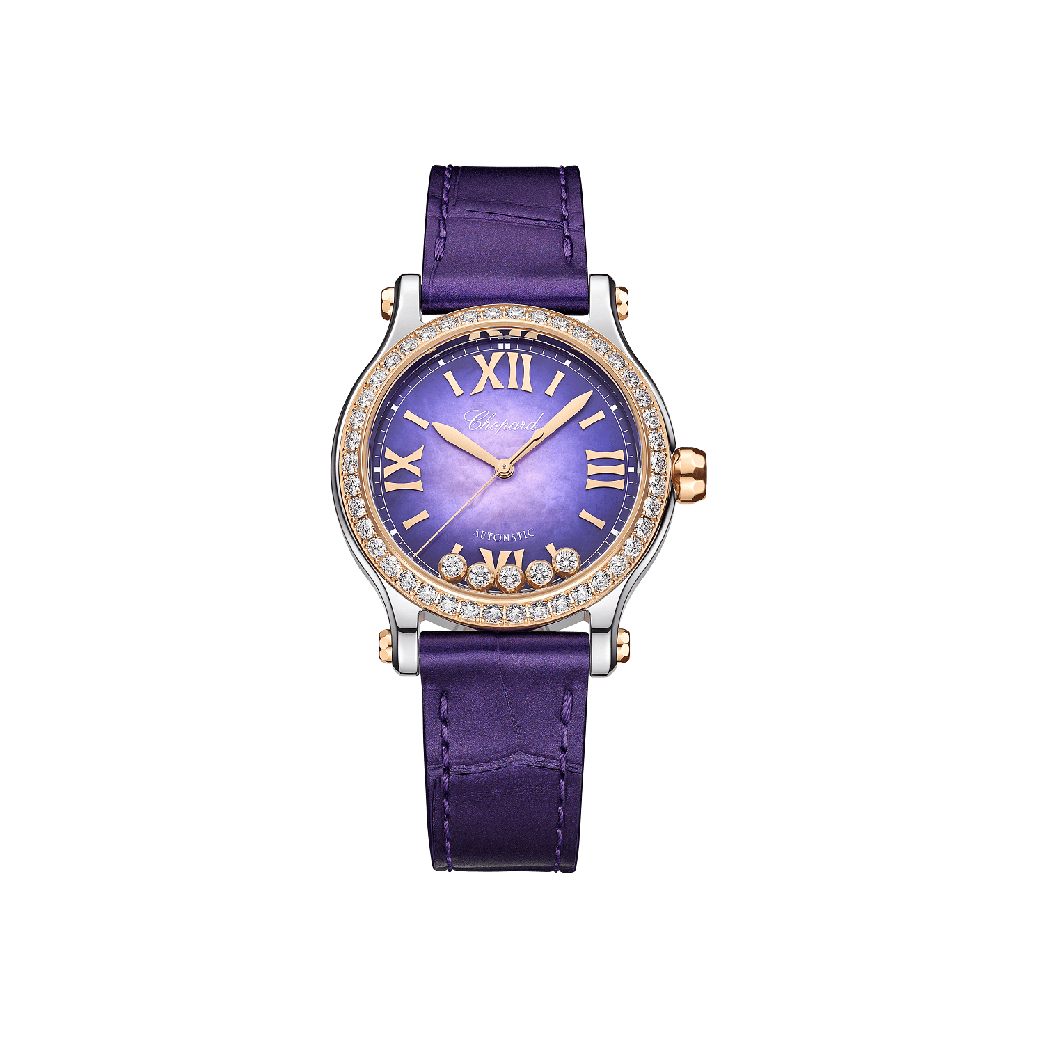 Chopard Happy Sport 33 mm Purple Textured Mother-Of-Pearl Dial with Diamonds 18K Rose Gold And Stainless Steel   Leather Strap 278608-6012 - WATCHXNYC