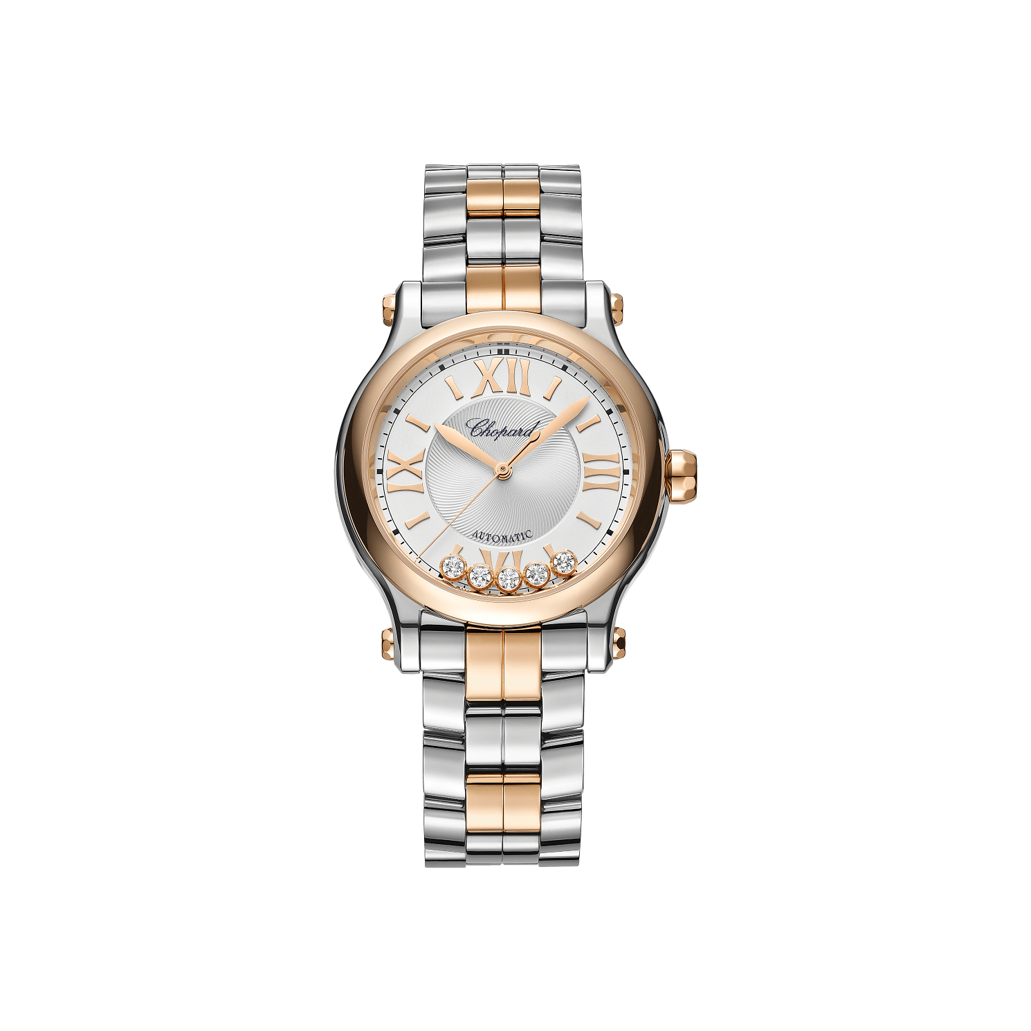 Chopard Happy Sport 33 mm Silver Dial with Diamonds 18K Rose Gold And Stainless Steel Bracelet 278608-6002 - WATCHXNYC