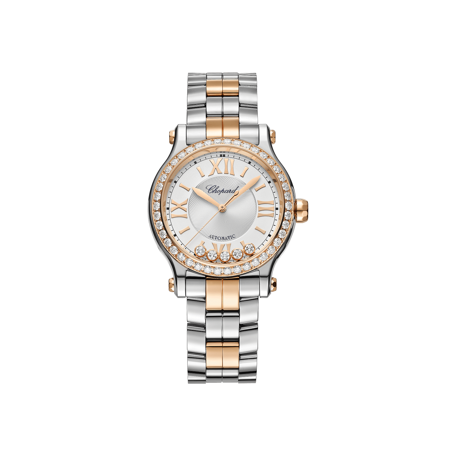 Chopard Happy Sport 33 mm Silver Dial with Diamonds 18K Rose Gold And Stainless Steel Bracelet 278608-6004 - WATCHXNYC