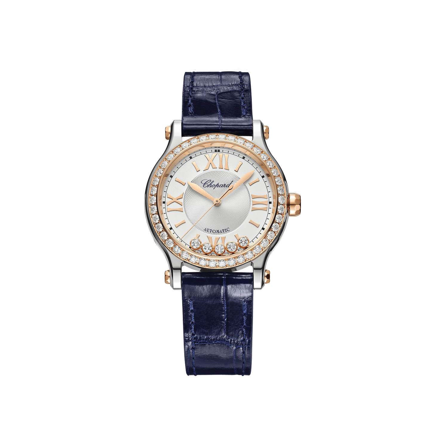 Chopard Happy Sport 33 mm Silver Dial with Diamonds 18K Rose Gold And Stainless Steel   Leather Strap 278608-6003 - WATCHXNYC