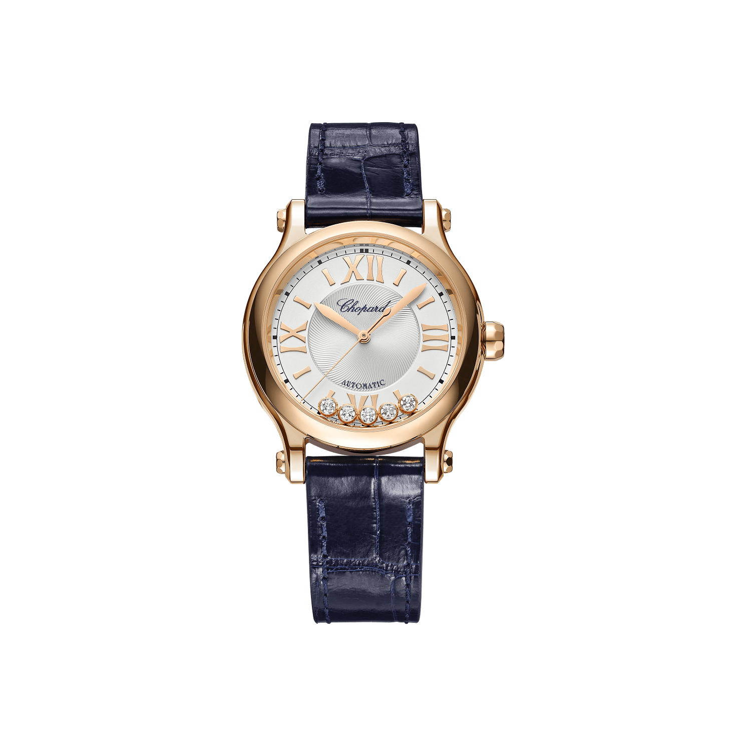 Chopard Happy Sport 33 mm Silver Dial with Diamonds 18k Rose Gold   Leather Strap 275378-5001 - WATCHXNYC