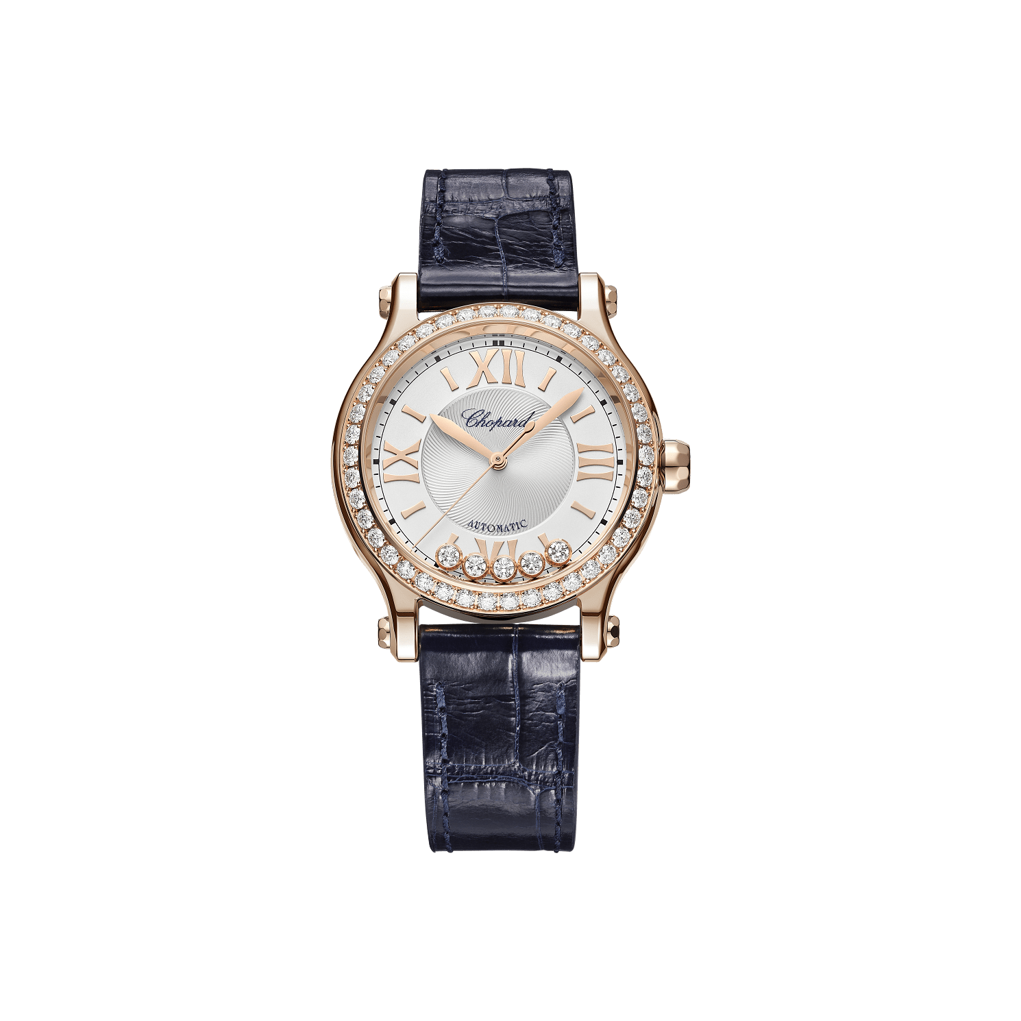 Chopard Happy Sport 33 mm Silver Dial with Diamonds 18k Rose Gold   Leather Strap 275378-5003 - WATCHXNYC