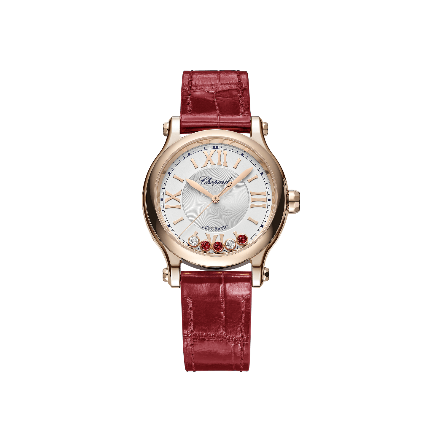 Chopard Happy Sport 33 mm Silver Dial with Diamonds 18k Rose Gold   Leather Strap 275378-5011 - WATCHXNYC