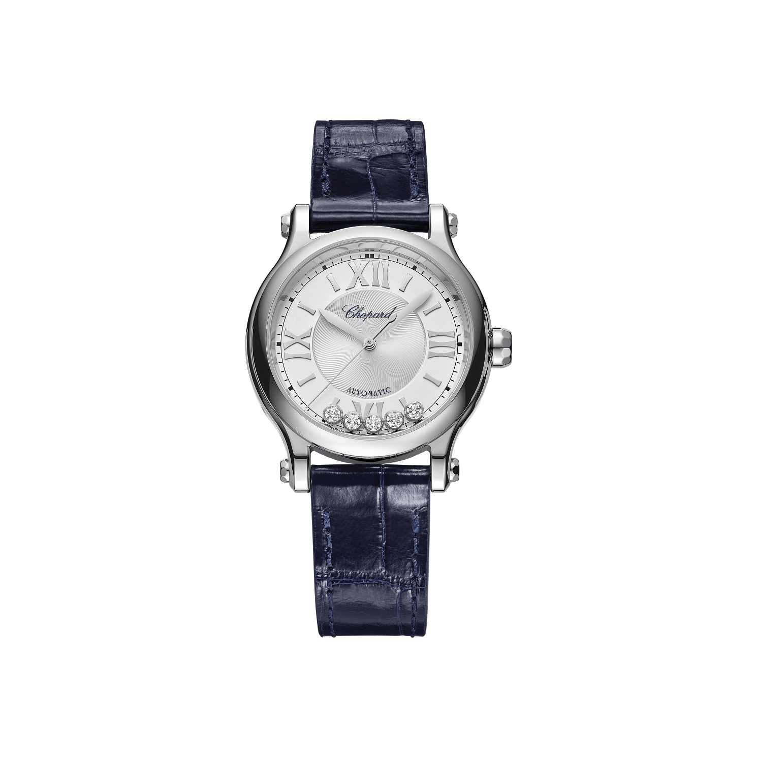 Chopard Happy Sport 33 mm Silver Dial with Diamonds Stainless Steel   Leather Strap 278608-3001 - WATCHXNYC